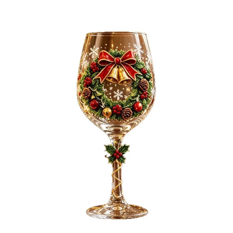 Calice con fiocco di neve natalizio in vetro artistico di lusso, bicchiere da vino per le festività invernali, decorazione per tavola natalizia, calice da regalo