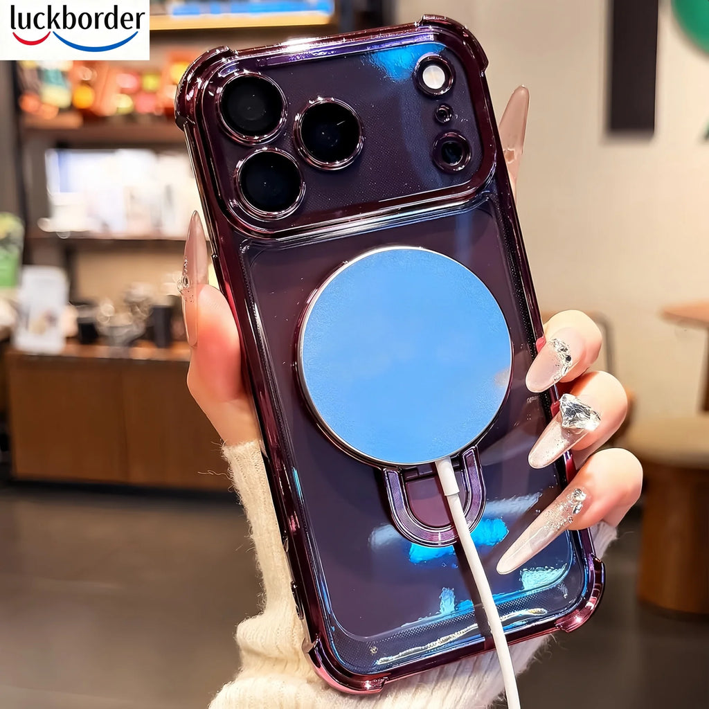 For iPhone 18 17 Pro Max Case Clear with Magnetic Ring Stand Lanyard, Luxury Design Camera Lens Protector Plating Case,Burgundy