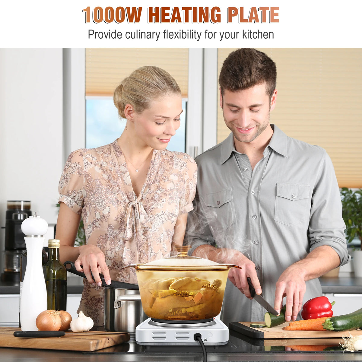 1000W Single Hot Plate for Table Top Cooking Cast Iron Heating Plate Portable Electric Hob with 5 Levels Overheating Protection