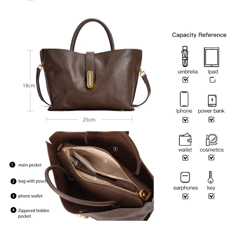 New Women's Genuine Cowhide Leather Large Capacity Top Handle Handbag Trapezoid Satchel Commute Ladies Elegant 2026 Tote Purse