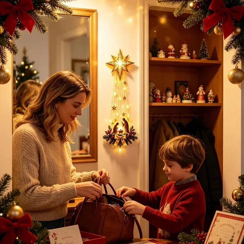 Decoración navideña de Belén* Estrella de la Fe* Adorno luminoso de nacimiento para pared Adorno colgante de Navidad resplandeciente Luces LED Decoración de interior Fiesta