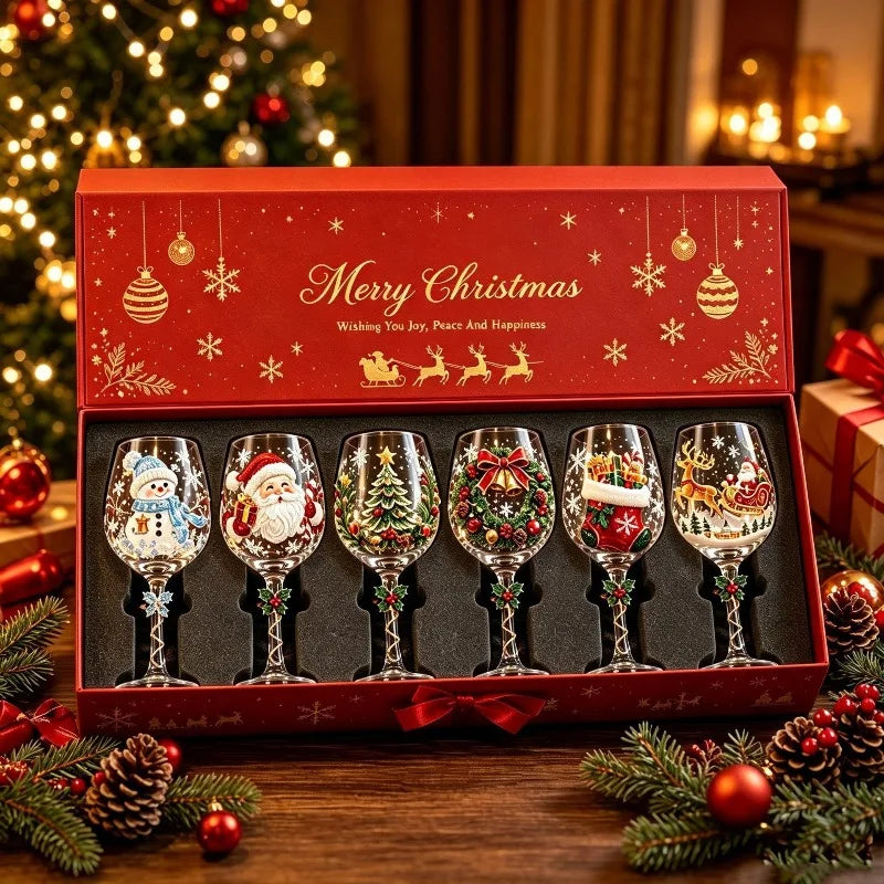 Calice con fiocco di neve natalizio in vetro artistico di lusso, bicchiere da vino per le festività invernali, decorazione per tavola natalizia, calice da regalo