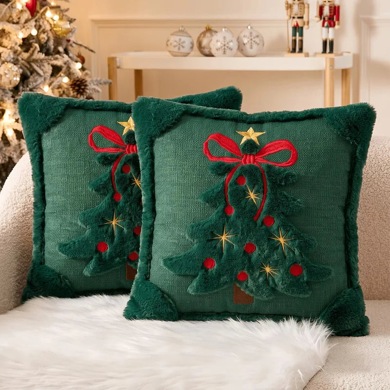 3D Christmas Tree Throw Pillow Covers Faux Plush Embroidered Xmas Tree Pattern Cushion Covers Sofa Couch Home Decor