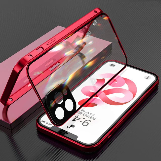 360 Full Protection Metal Magnetic Double Sided Glass Snap Lock Case For iPhone 18 17 16 15 14 13 Pro Max Lens Protection Cover