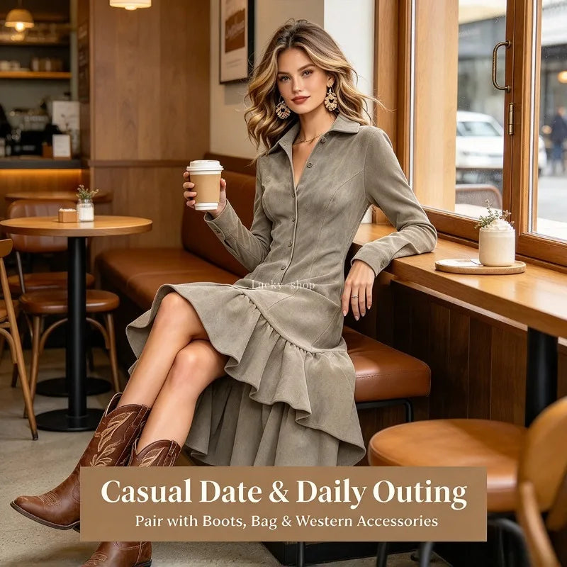 Women's Suede Shirt Dress with Lapels, Long Sleeves, Button Front, Asymmetrical Hem and Ruffle Detail, Midi Length