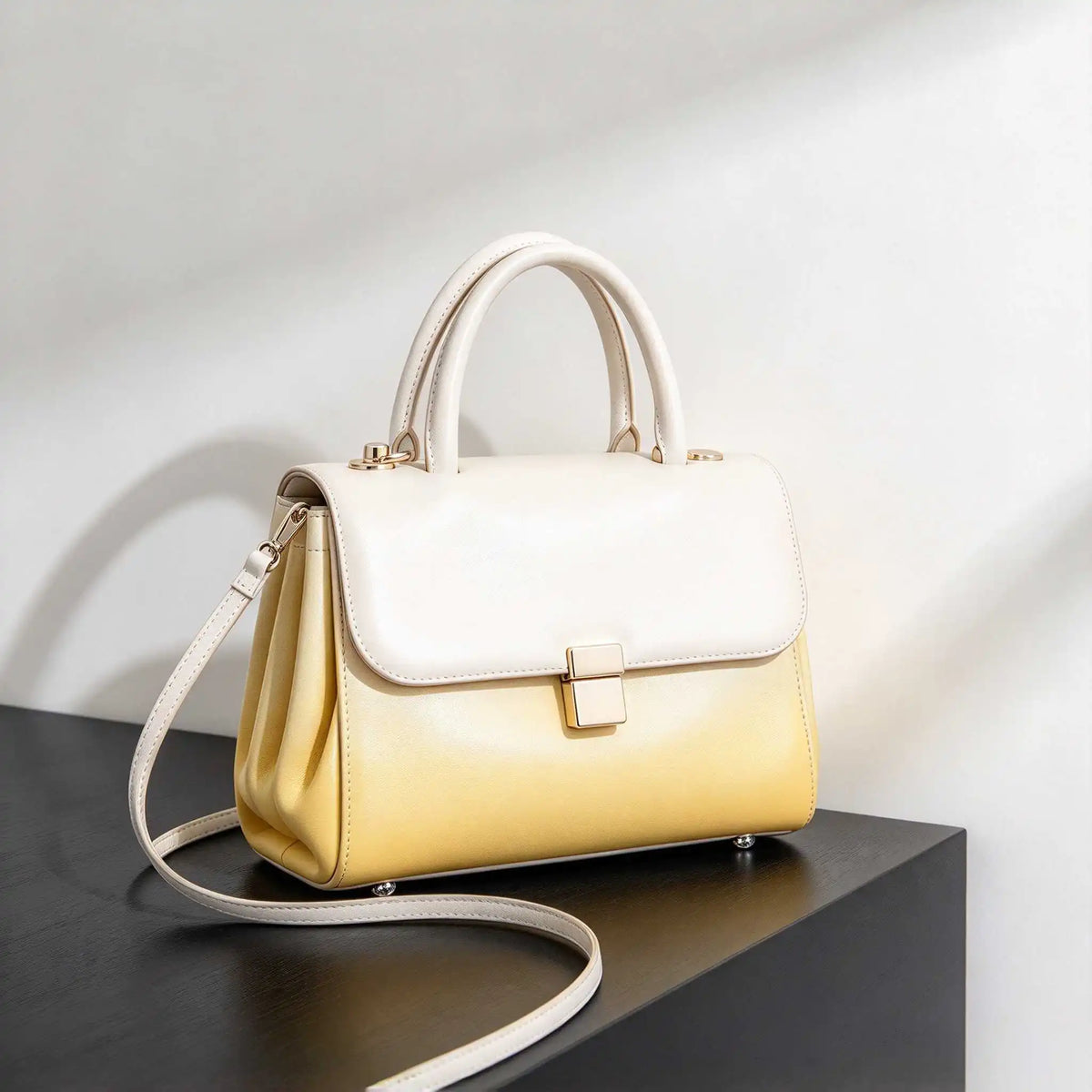 2026 Elegant Women's Luxury Yellow White Gradient Genuine Leather Shoulder Bag Fashion Work Commuter Designer Handbag