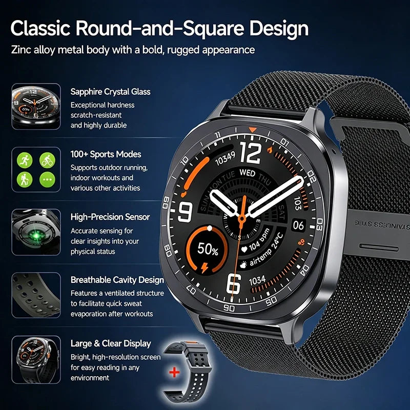 2026 W9 400mAh Men Smart Watch Multi Sport Modes Fitness Tracking Bluetooth Calling Large Battery SOS Outdoor Compass Smartwatch