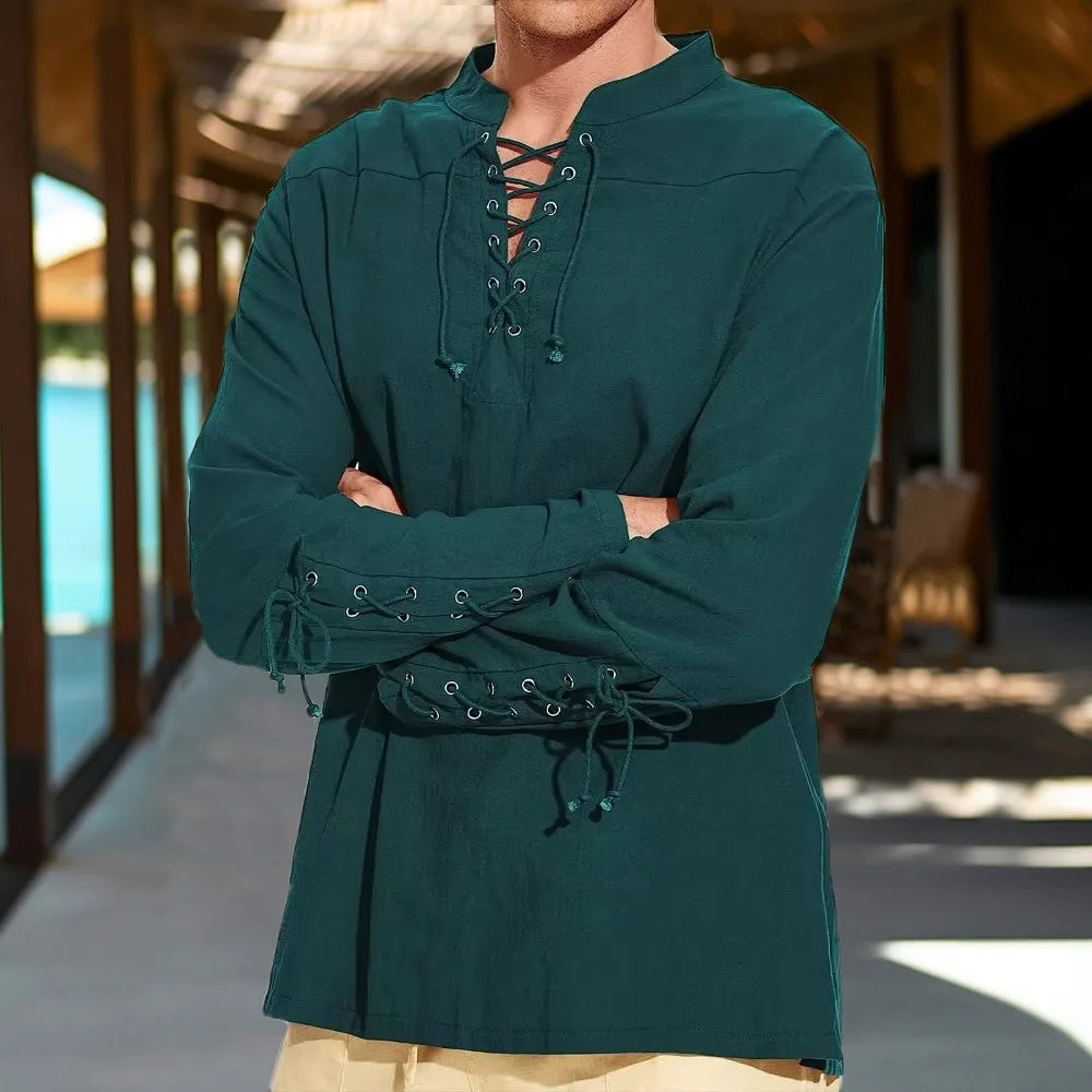 Autumn New Cotton Shirts for Men Costume Beach Tops Drawstring Design Shirt Male Loose Casual Streetwear Long Sleeve Shirt