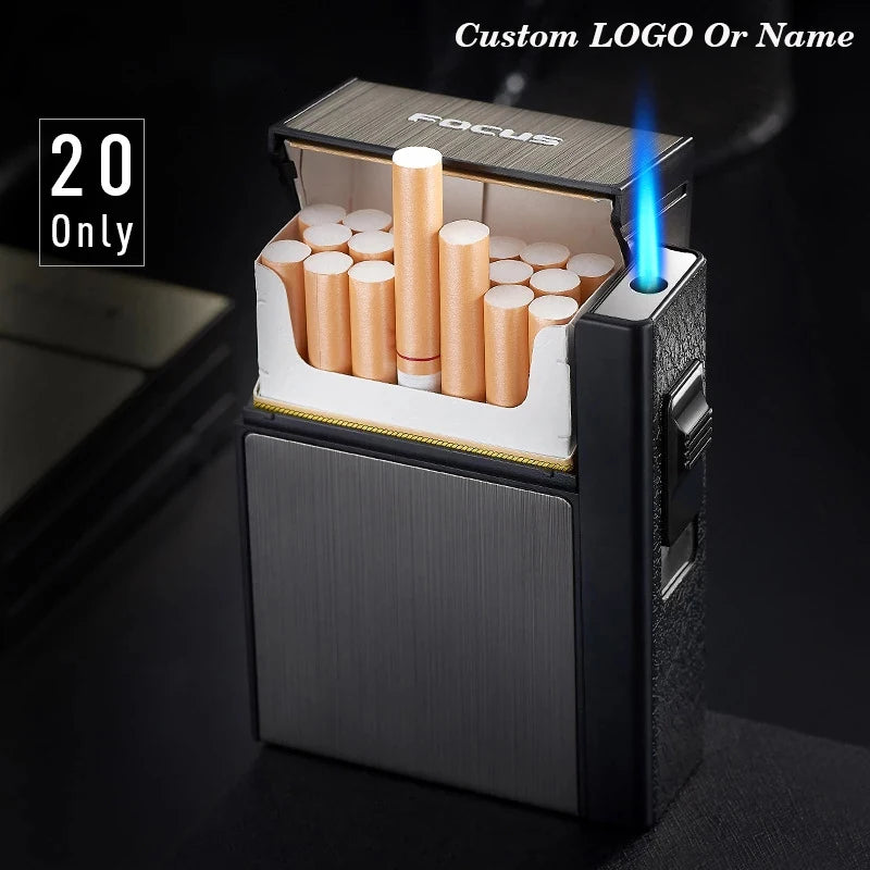 Étui à 20 cigarettes, briquet turbo en métal à gaz butane, porte-cigarettes, gadget, boîte à briquets, cadeau pour homme