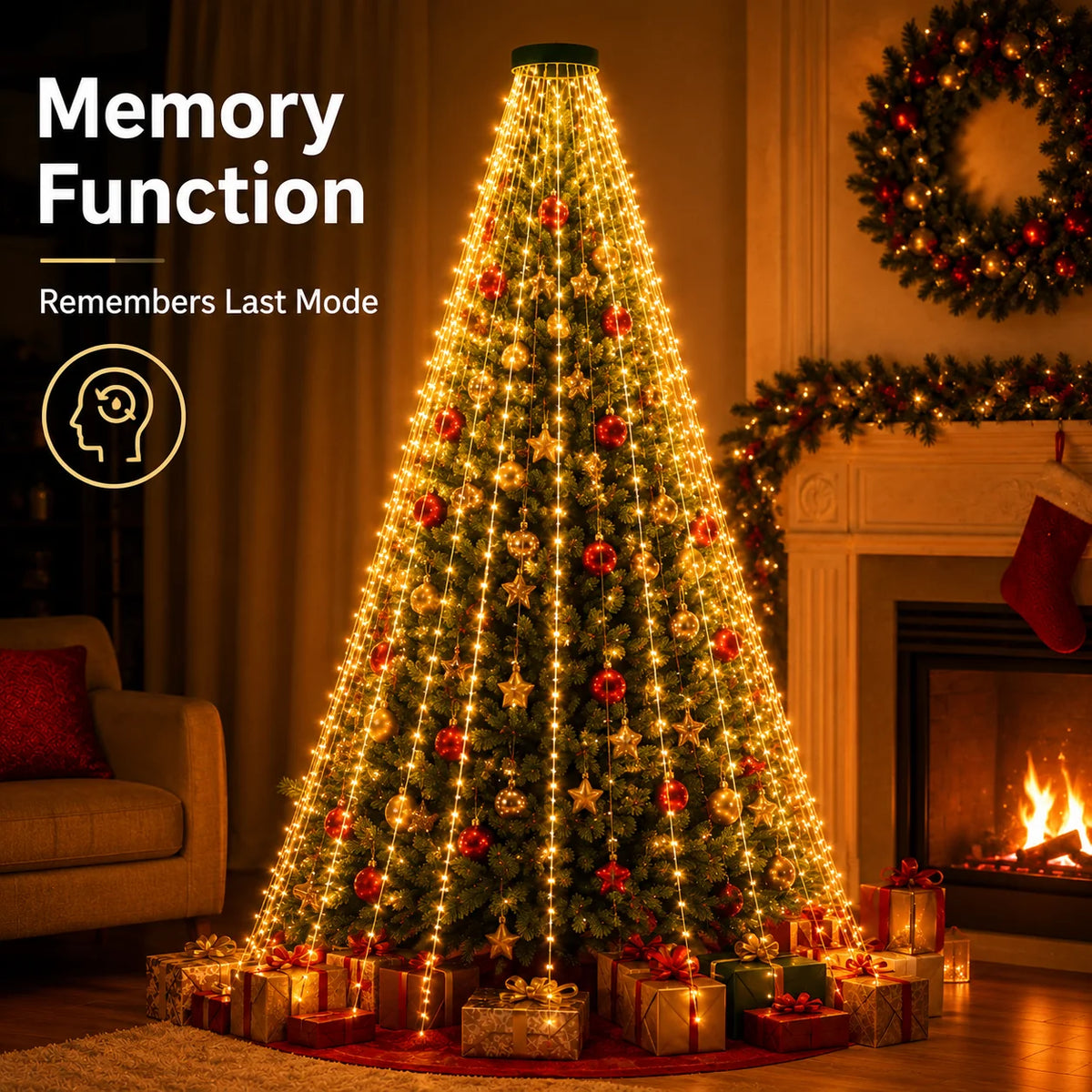USB Christmas Tree Lights Top Ring String Lights 220/400LED 8 Modes Full Tree Coverage Easy Setup Indoor Christmas Decor