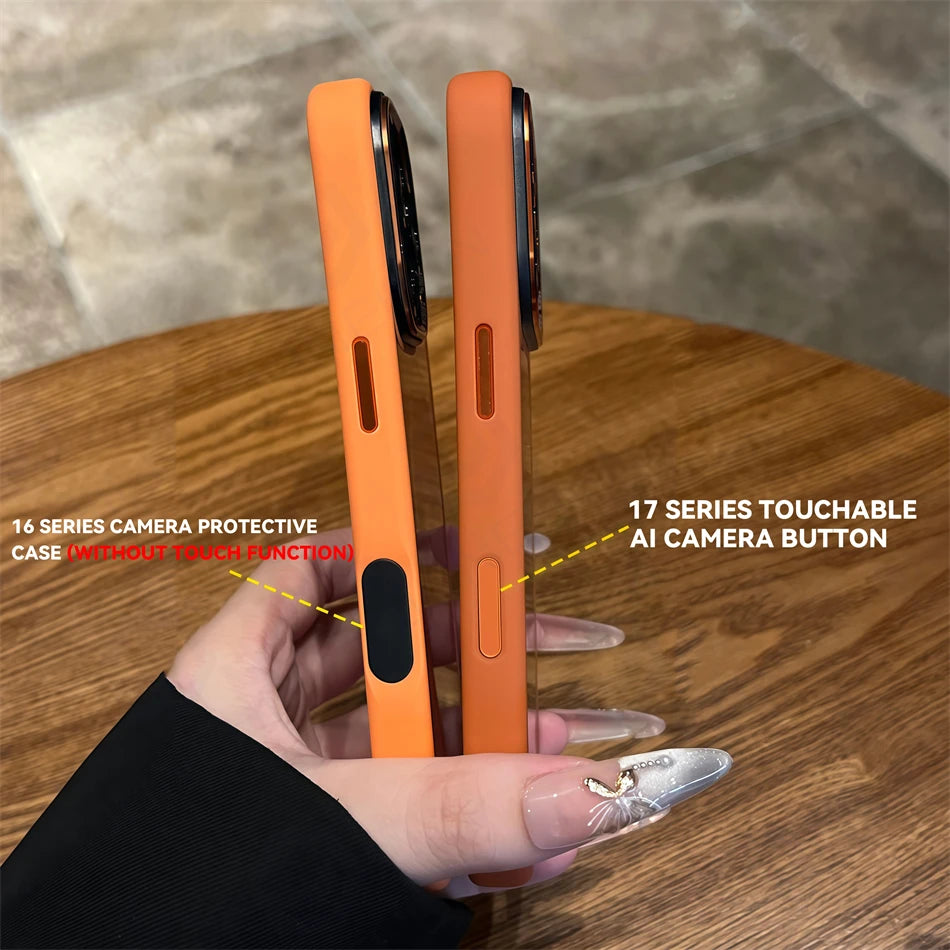 Luxury Matte Bumper Orange Transparent Case For iPhone Air 13 14 15 16 17 18 Pro Max Metal Camera Buttons Shockproof Clear Cover