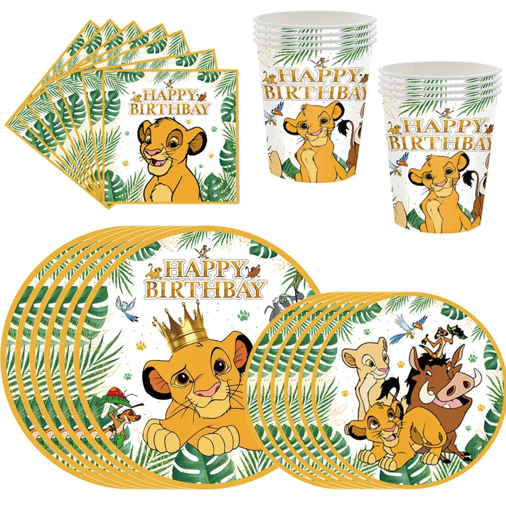 Decoración de cumpleaños del Rey León de Simba, vajilla desechable, globos, mantel, servilletas, vasos y adornos para tartas, para fiestas infantiles y baby showers