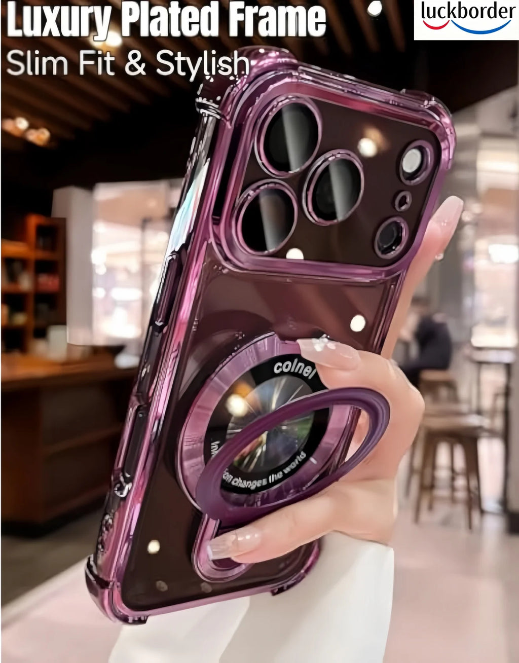 For iPhone 18 17 Pro Max Case Clear with Magnetic Ring Stand Lanyard, Luxury Design Camera Lens Protector Plating Case,Burgundy