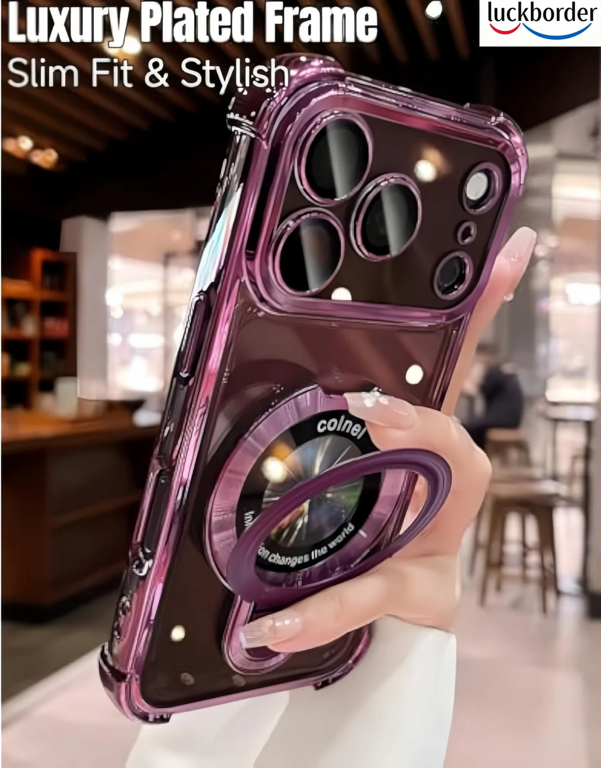 For iPhone 18 17 Pro Max Case Clear with Magnetic Ring Stand Lanyard, Luxury Design Camera Lens Protector Plating Case,Burgundy