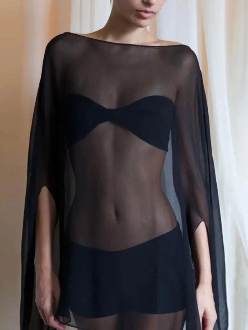 Ropa de mujer Blusas de gasa transparentes Sexys de moda Lisas Prendas para cubrirse Tops elegantes para discoteca para mujer Blanco Negro Streetwear