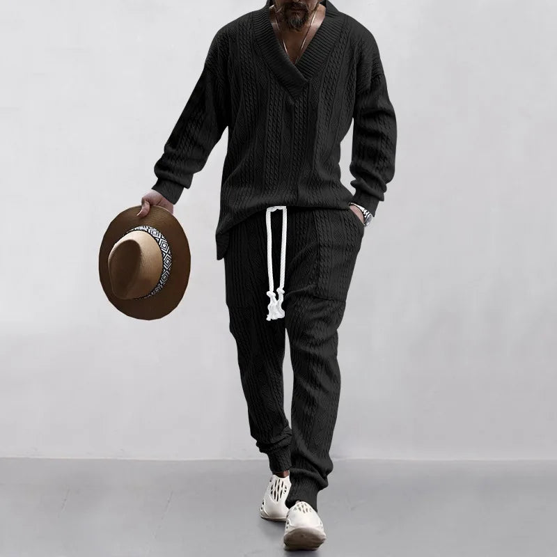 2025 Ensemble composé d’un pantalon décontracté pour homme et d’un pull en maille jacquard polyvalent à col V, tendance transfrontalière