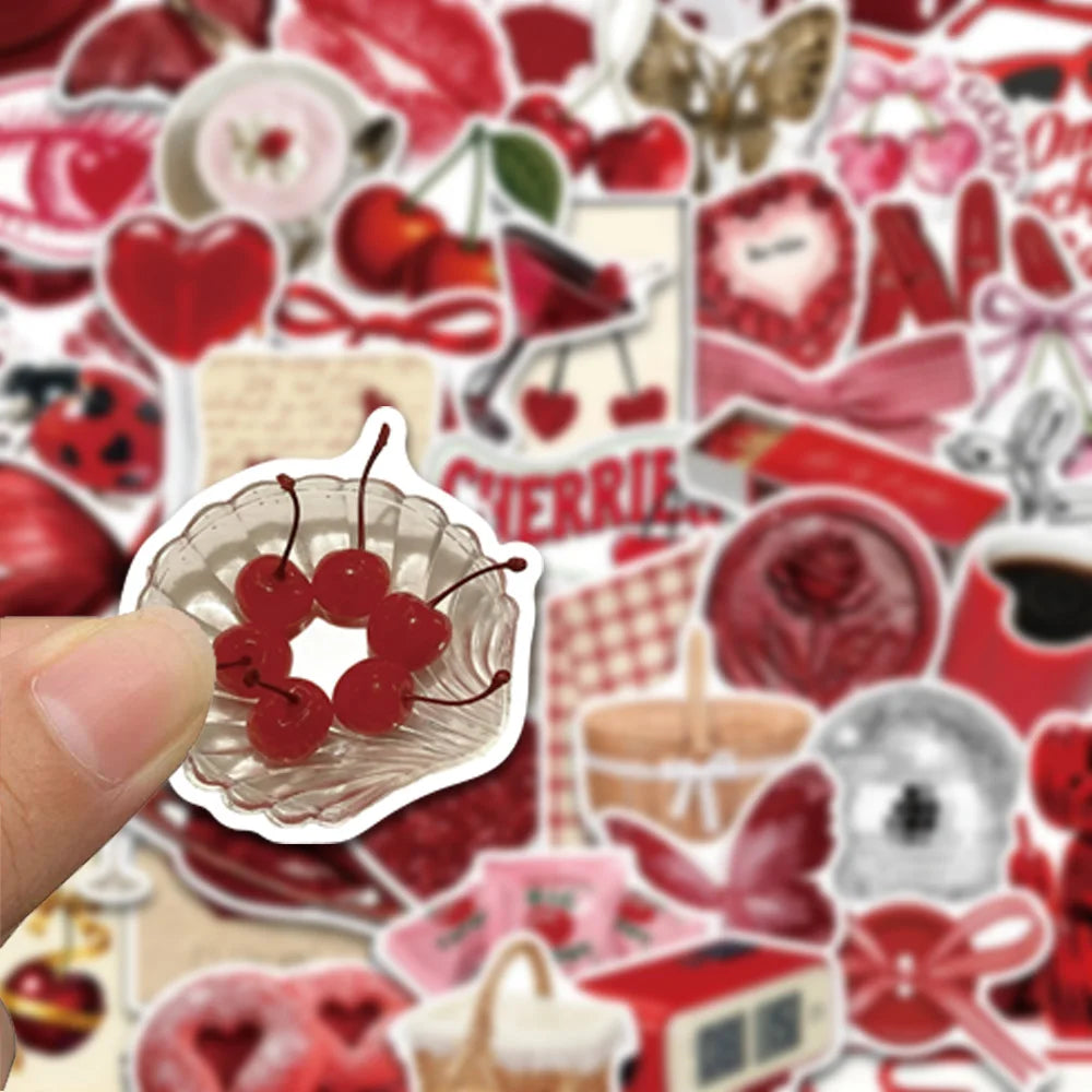 50pcs y2k style cherry colored stickers, suitable for decorating tablets, luggage, storage boxes, waterproof stickers