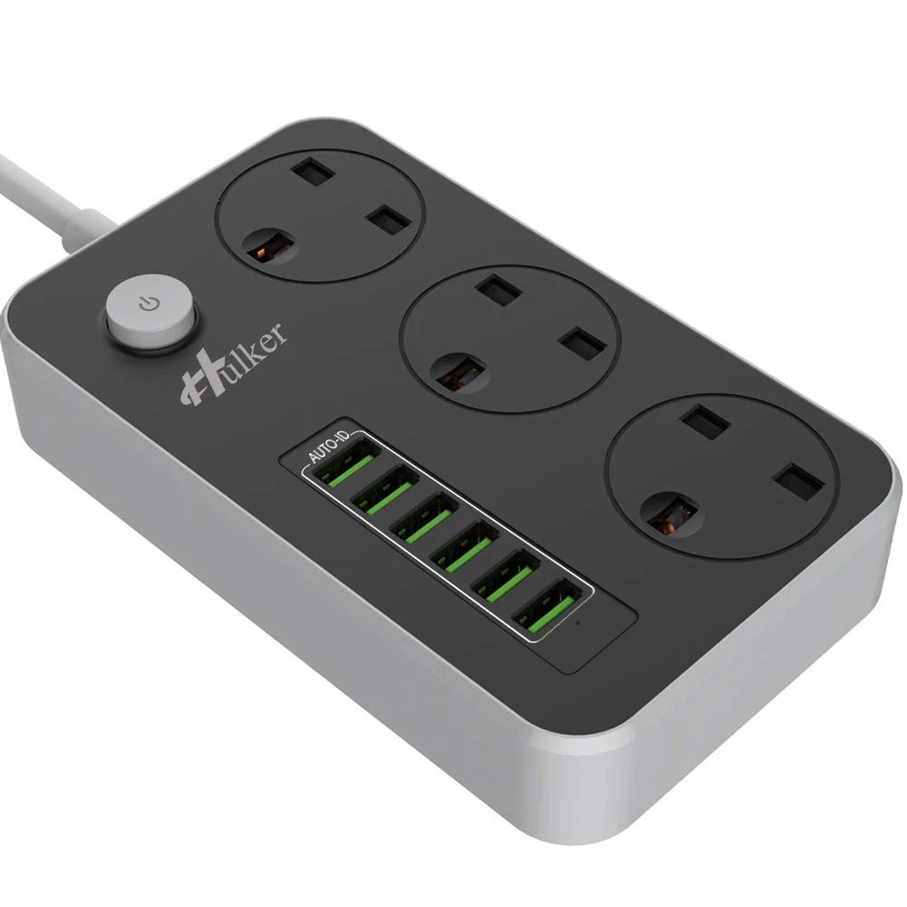 Regleta de enchufes tipo cubo con 6 puertos USB, 13A, 3250W, Hulker, 3 tomas de corriente con interruptor, regleta de alimentación de 3 vías con 6 puertos USB, 1,5 m