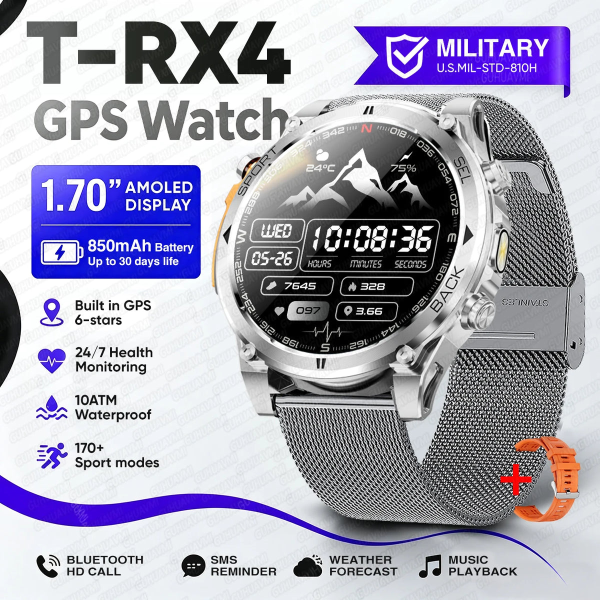 New T-RX 4 Military GPS Smartwatch Men 6 Satellite Precise Positioning 10ATM Waterproof HD Call 170+Sports Modes LED Flashlight