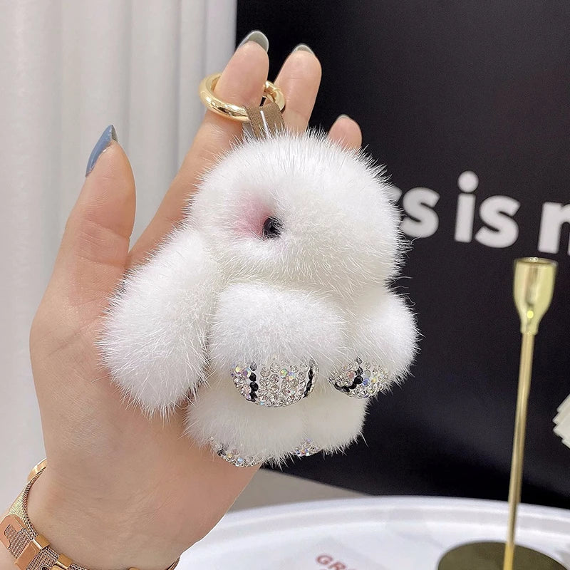 Luxury Big Mink Fur Bunny Fur Pendant Bag Jewelry Key Chain Plush Pendant Trumpet Cute Cute Rabbit Children Animal Cartoon Doll