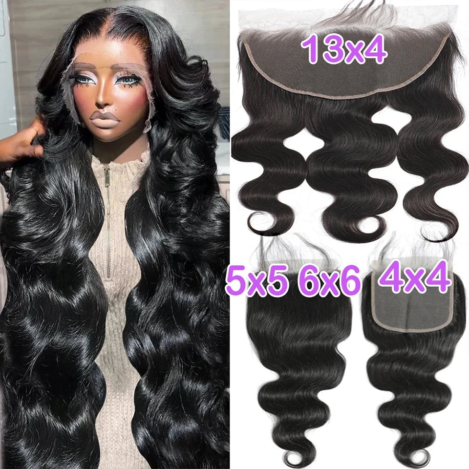 Extensions de cheveux humains Body Wave avec closure, tissage brésilien, 3 à 4 paquets avec closure en dentelle 4x4 ou 5x5, cheveux vierges, extensions de cheveux bruts