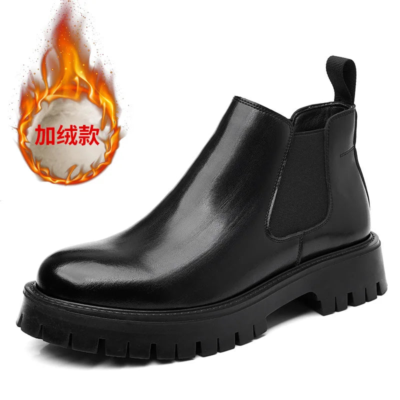 Vintage braune Chelsea-Boots für Herren aus glänzendem Leder, zum Hineinschlüpfen, dicke rutschfeste Sohle, kurze Stiefel, Herbstschuhe für Männer, schwarz