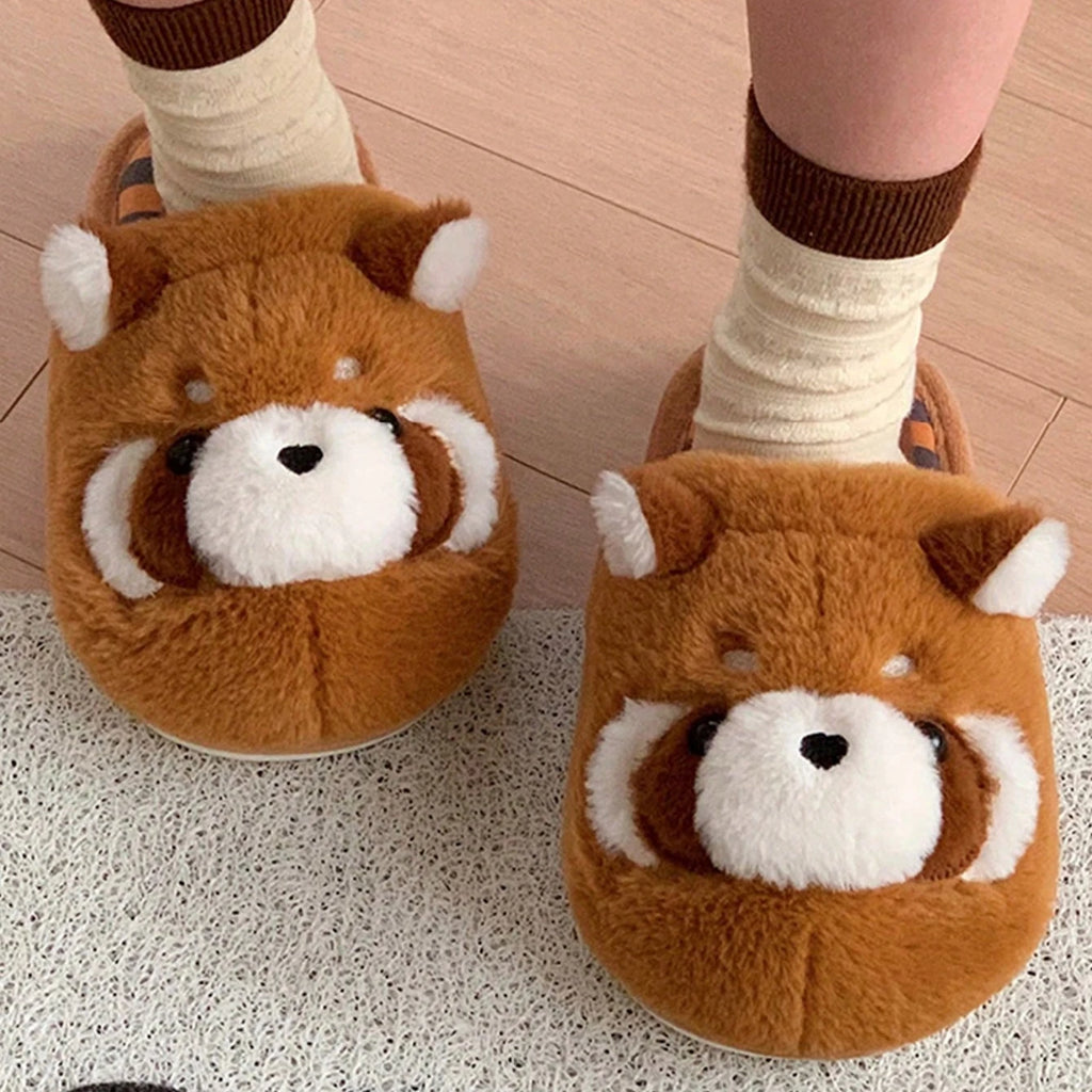 Damen-Hausschuhe aus Kunstfell, lässig und niedlich, mit süßem 3D-Waschbär-Design, braun, für den Winter, rutschfest, warm, weich und bequem für zu Hause, neu