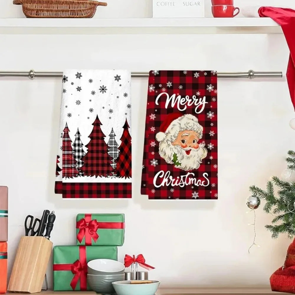 2pcs Christmas Kitchen Towels Buffalo Plaid Xmas Hand Towels Christmas Decorations for Home 2025 Navidad Noel Dish Towels Gifts