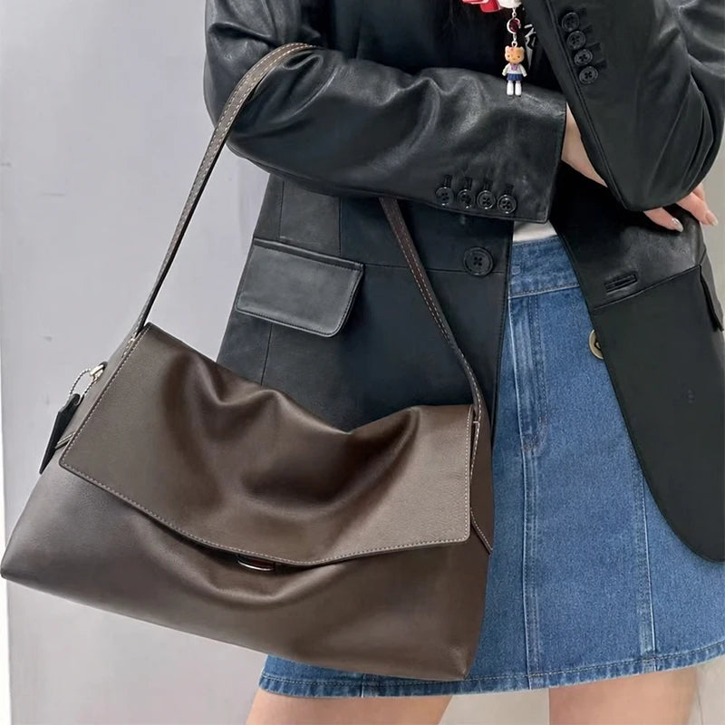 Luxury Genuine Leather Women's Shoulder Bag Large Capacity Flap Underarm Bag Simple Solid Color Soft Leather Brand Handbag