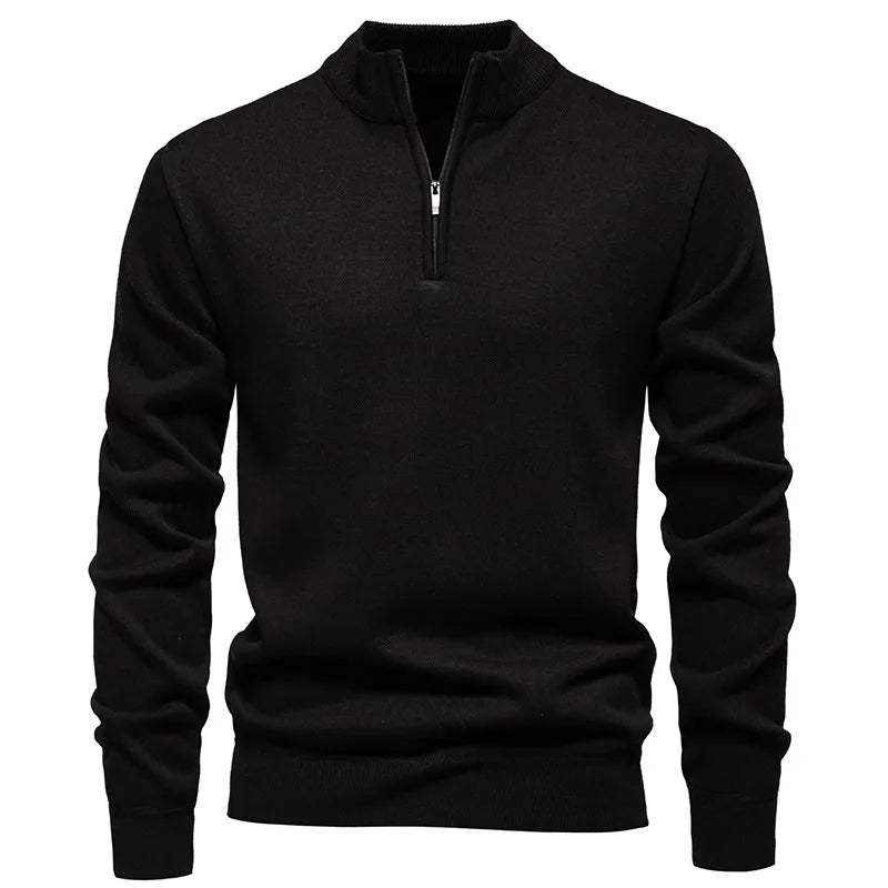 Autumn Men's Fleece Sweater Half Zipper Mock Neck Windproof Knitted Pullovers Thicken Warm Solid Color Casual Knitwear