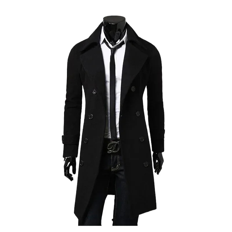 Mens Double Breasted Trench Coat Wool Blend 2026 Autumn Winter Solid Casual Slim Fit Long Jacket Wool Coat Fashion Mens Clothing