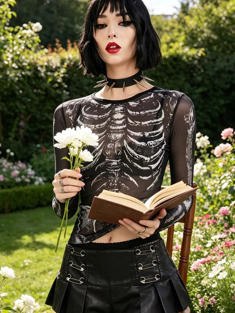 Chemise Dark Gothic Punk Années 2000 Femme Motif Crâne Col Rond Manches Longues Robe de Rue Noire y2k