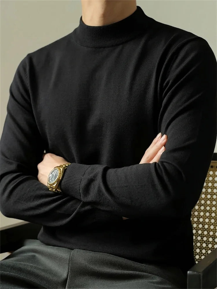 Autumn Men's Sweater Slim Fit Long Sleeve Mock Neck Casual Warm Knitwear Solid Color Fashion Simple Style Knitted Pullovers