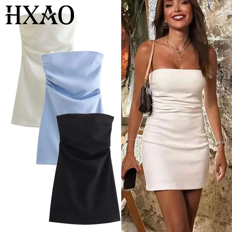 HXAO Women's Off-the-Shoulder Corset Short Dress, Ruched Backless Blue, Black, White Sexy Bodycon Party Dress