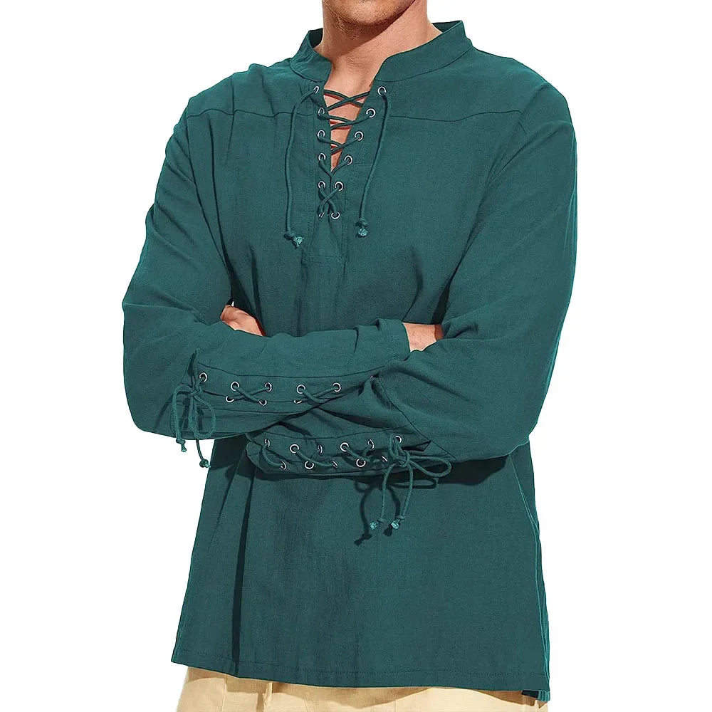 Autumn New Cotton Shirts for Men Costume Beach Tops Drawstring Design Shirt Male Loose Casual Streetwear Long Sleeve Shirt