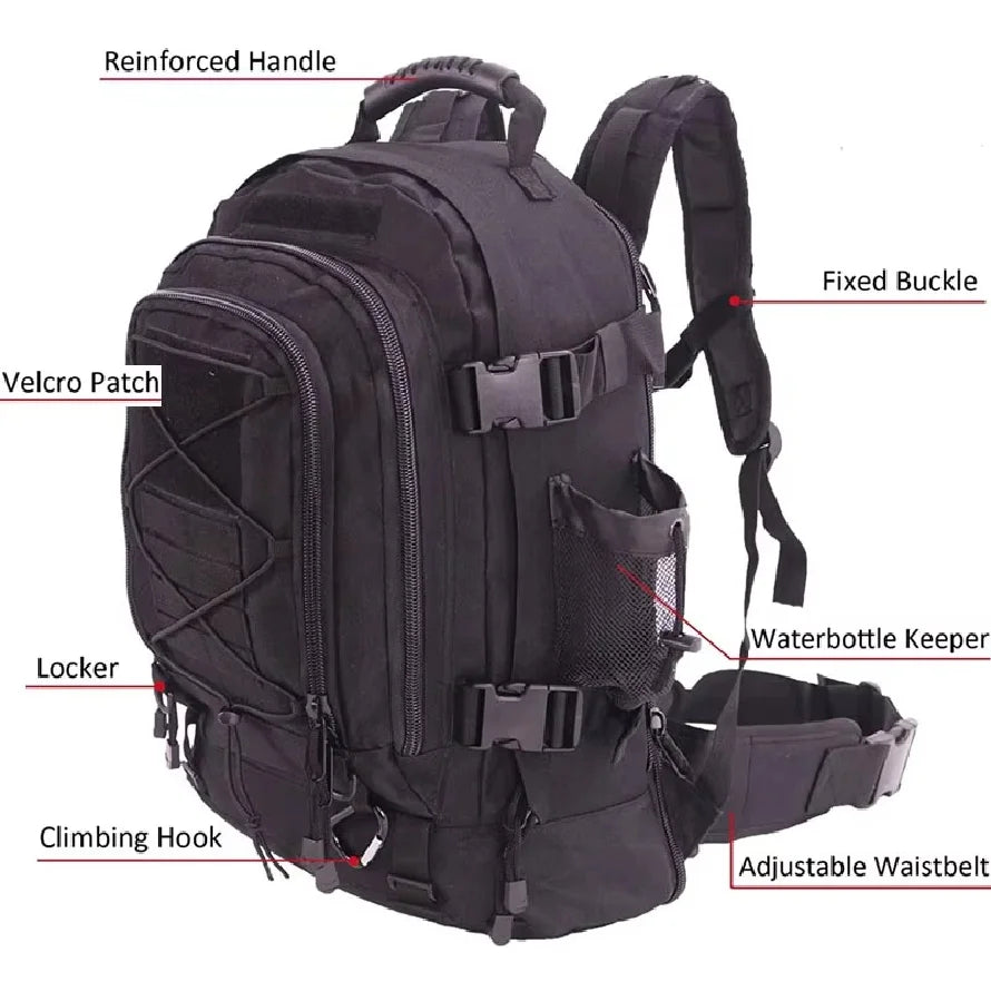 60 L Nylon Tactical Hiking Backpack with Rain Cover Not Included