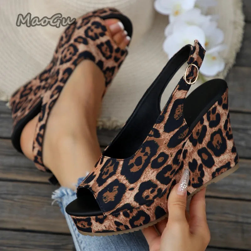 Sandales compensées pour femmes à motif léopard, chaussures à plateforme avec nœud rayé, grandes tailles 35-43, mules à semelle épaisse