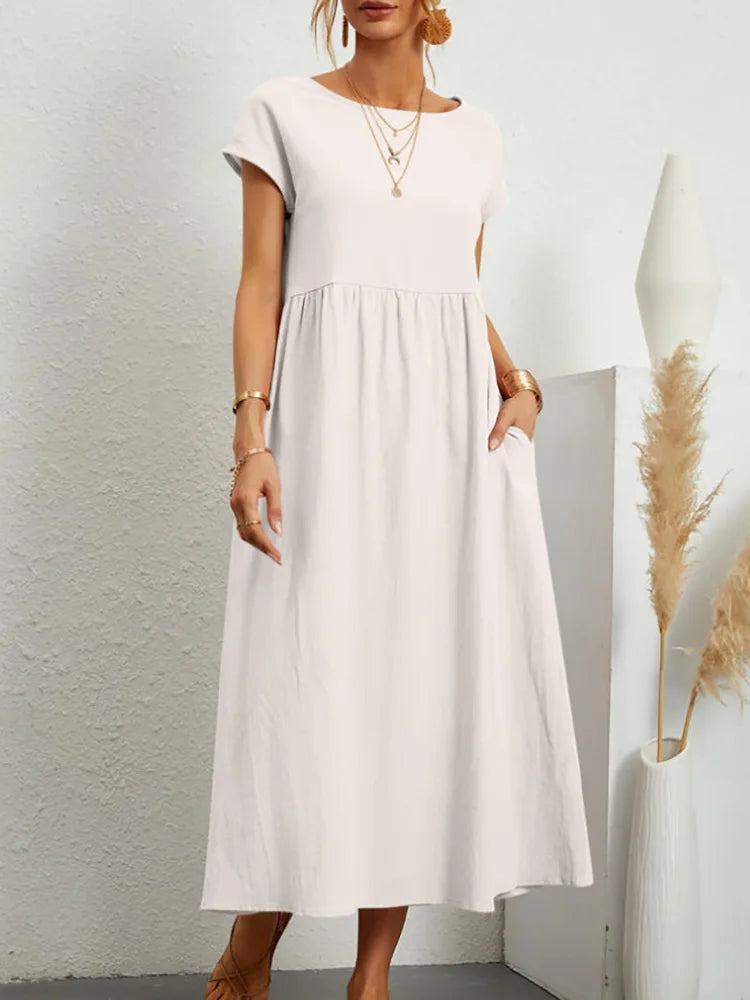 Abito midi da donna in cotone con scollo rotondo e linea morbida