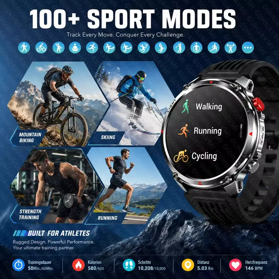2026 New Military T-Rex 3 Pro 1100mAh Battery Smart Watch Men 5ATM Waterproof Swim GPS Path 1.7"AMOLED HD Call Sports Smartwatch