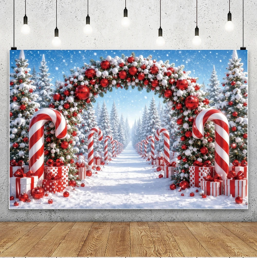 Candy Cane Arch Christmas Backdrop Snowy Forest Path Gift Boxes For Christmas Party Photo Booth Decoration Background Banner