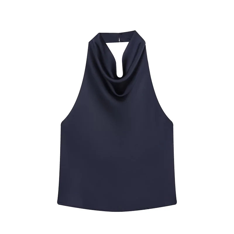 Top satinato da donna con scollo all'americana