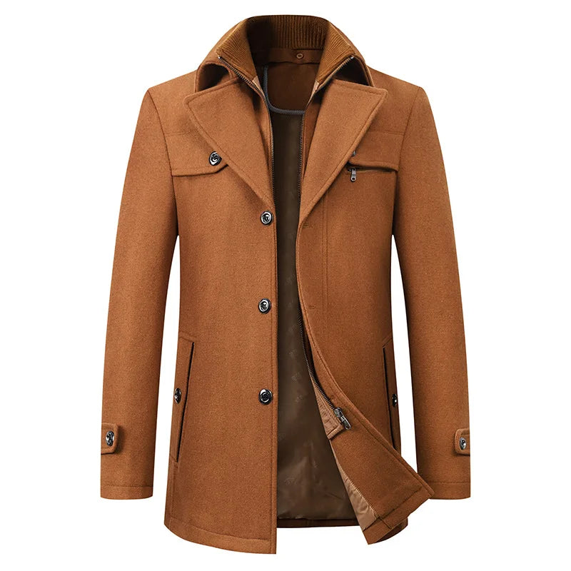 2026 Autumn Winter Men's Double Collar Woolen Coat Medium Length Style Casual Cotton Thickened Warm Outdoor Pure Color Coat