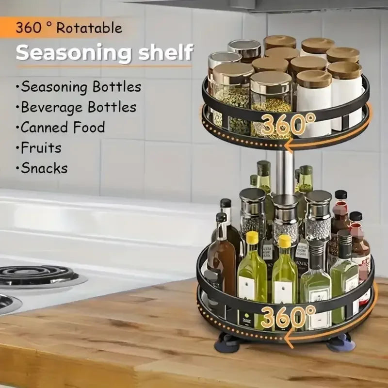 3-Tier Metal Rotating Spice Rack 360-Degree Non-Skid Carbon Steel Storage Tray for Kitchen Seasonings and Cans