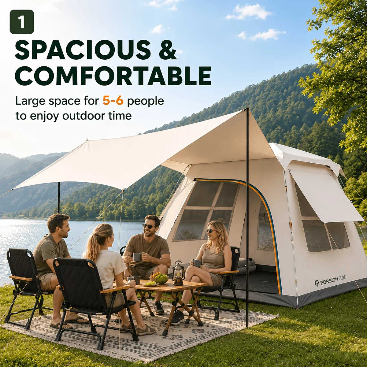 Automatic 2-in-1 Family Pop-Up Tent with Canopy UPF 50+ Waterproof for 3-5 People Fiberglass 240x240x155 cm