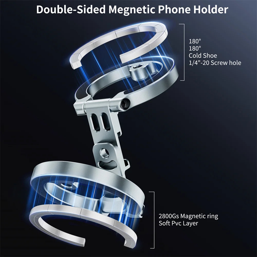 Doppelseitige magnetische Handyhalterung mit Kalteschoe 1/4"-20 Fitnessstudio-Auto-Handyhalterung MagSafe-Ständer für iPhone 17 16 15 14 13 Android Stativ