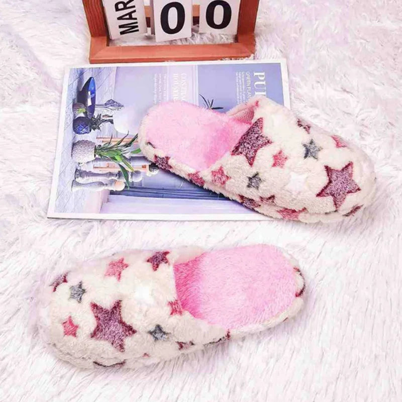 Chaussons d’intérieur doux pour femme à étoiles à cinq branches, modèle pour couple, chaudes en peluche pour l’hiver, chambre, adultes, confortables et silencieux, sandales plates en peluche