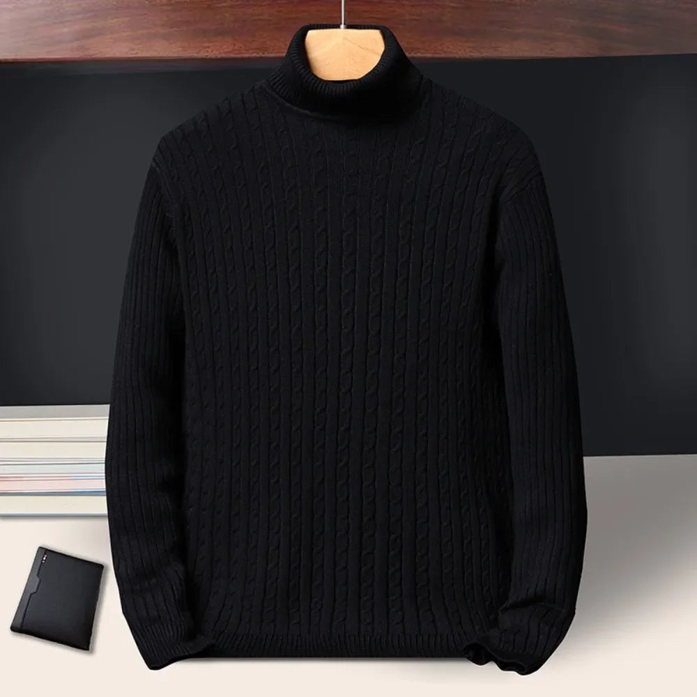 Autumn Winter New Men's Roll neck Sweaters Knitted Jacquard Pullover Warmth Long Sleeved Solid Color Classic Casual Clothing