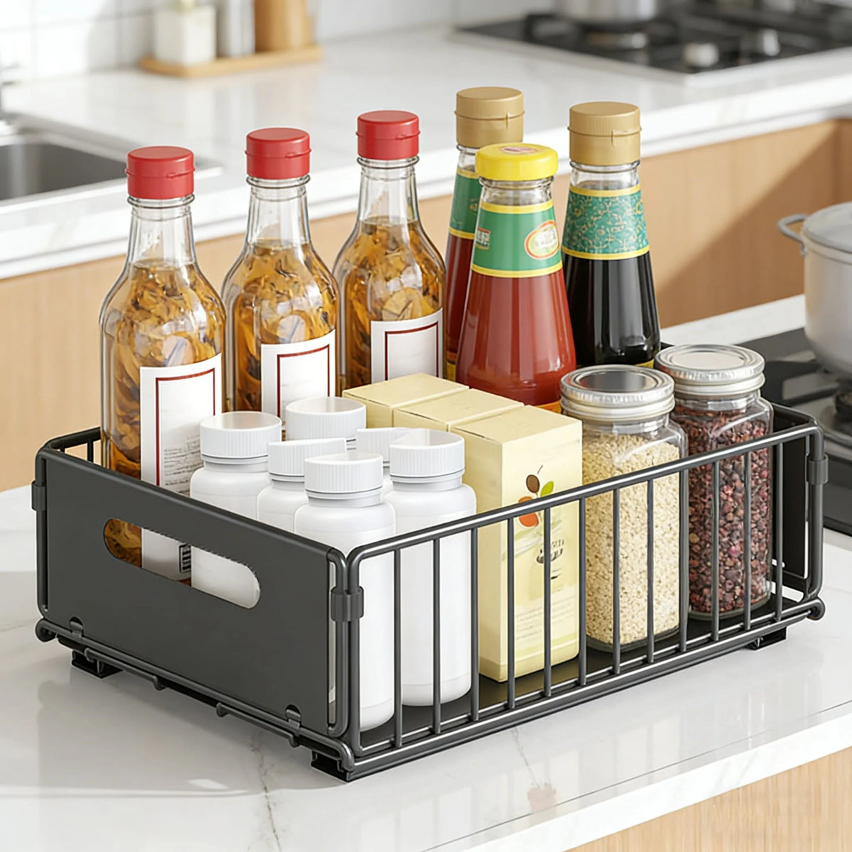2-Layer Pull-Out Storage Rack, Multifunctional Sliding Kitchen Storage Rack, Drawer Organizer for Kitchen and Bathroom, Essential Drawer Cookware Storage