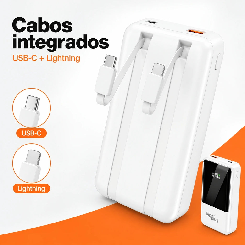 Power Bank 12000mAh Con 2 Cables Integrados Pantalla Digital Carga Rápida PD 22.5W Para Celular