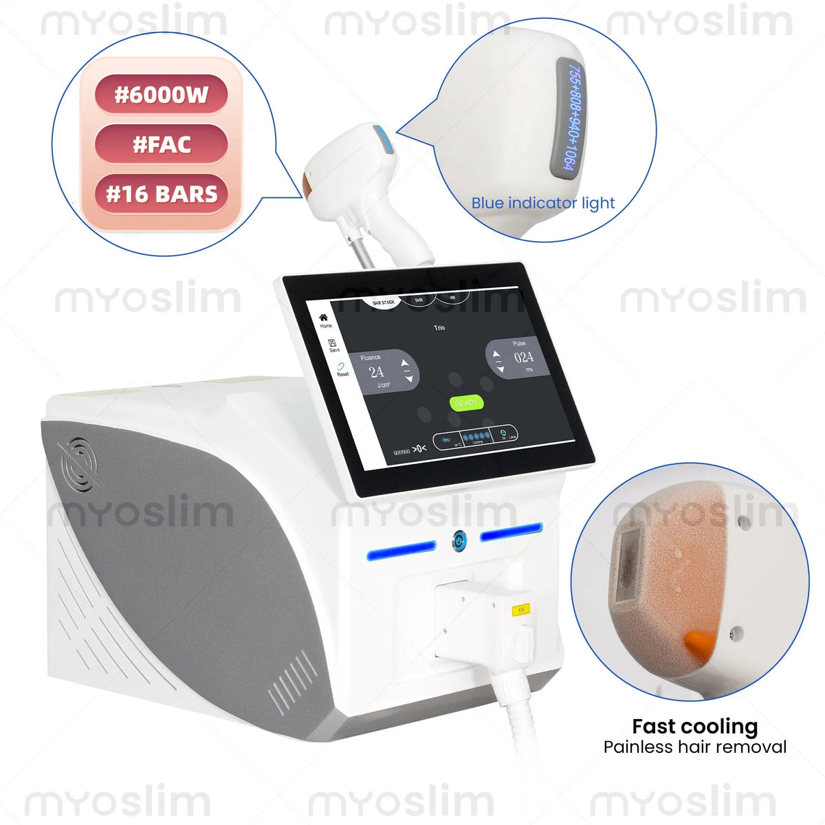 6000W 808 Diode Laser Hair Removal Machine for Face and Body Desktop Model with 755/808/940/1064nm Wavelengths